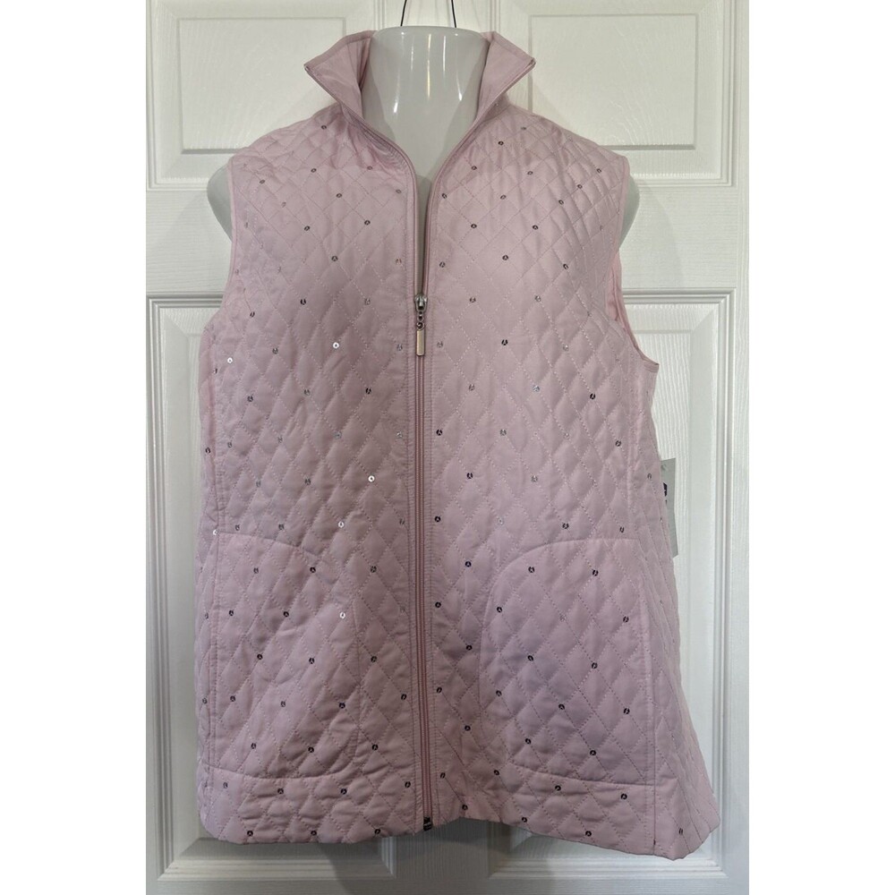 Alia Light Pink Front Zip Quilted Vest Silver Sequin Women's 16